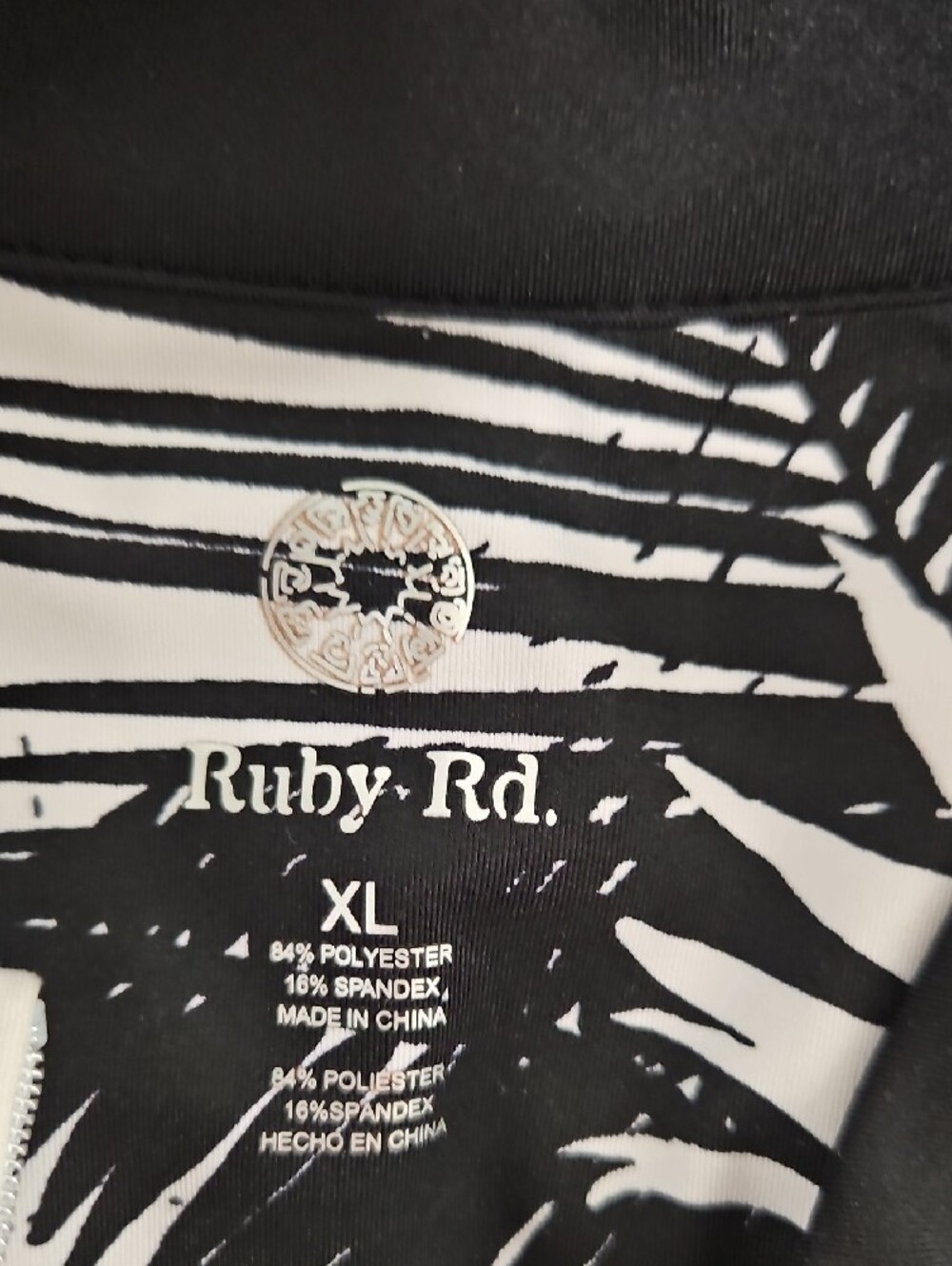 Ruby Rd. Black & White Palm-Print Quarter-Zip Polo - Picture 4 of 5